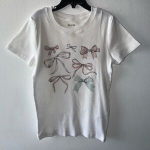 Women's White Ribbed Longer-length Bow Graphic Baby Tee